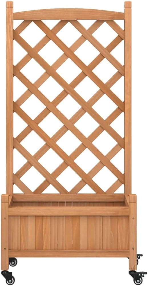 Rectangular Brown Solid Fir Wood Planter with Trellis Wheels 11.6x21.7x46.3 Inch Raised Garden Bed for Outdoor Plants Balcony Patio