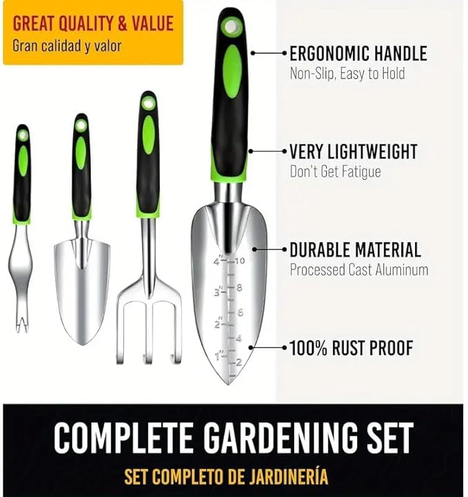 Garden Tool Set with Storage Tote 3 Piece Gardening Tools with Ergonomic Handles Garden Gloves Black and Green