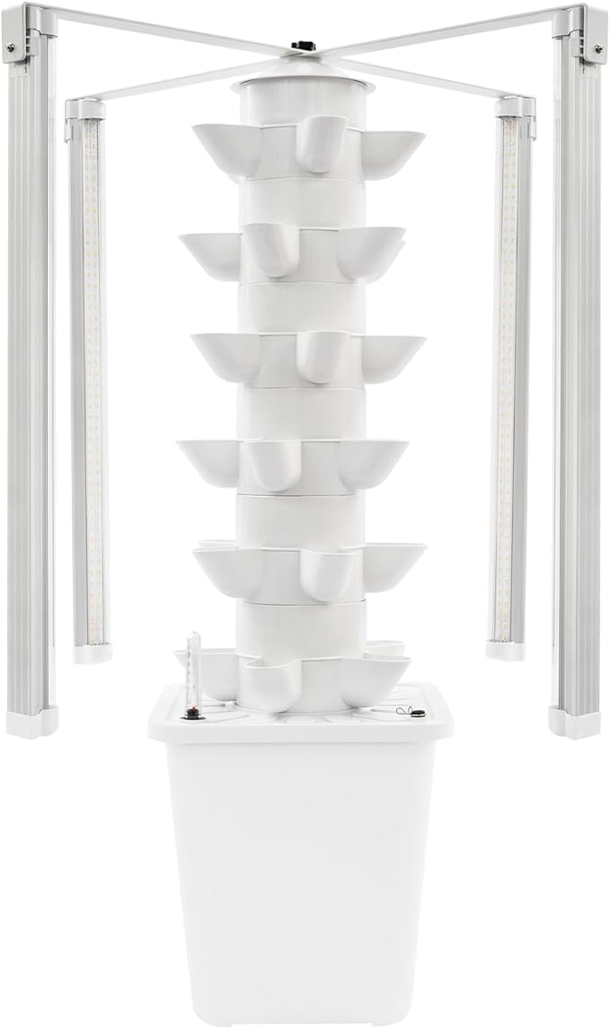 Hydroponic Tower Garden 30-Pod Indoor Gardening System w/ 4 Full-Spectrum LED Grow Lights 10L Auto Irrigation Water Tank Vertical Planter for Herbs Lettuce &amp Strawberries (White)