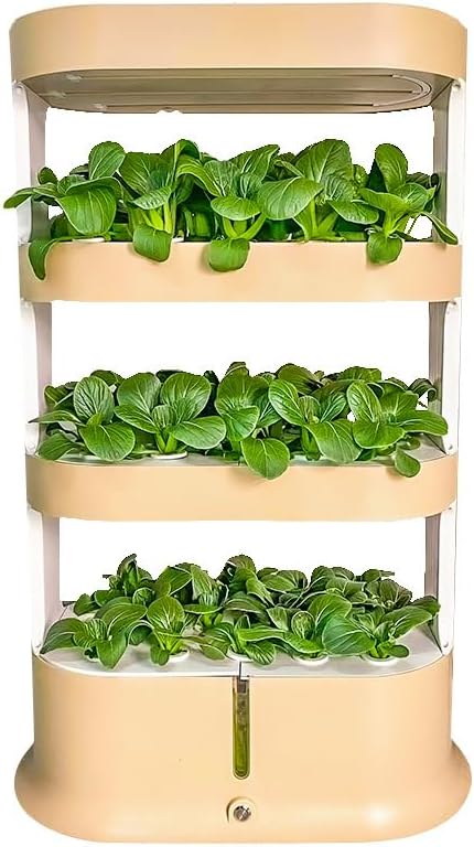 16L Hydroponic Tower Brown Color Hydroponic Tower for Plants Vegetables 4 Layers Hydroponics Growing System with LED Grow Light