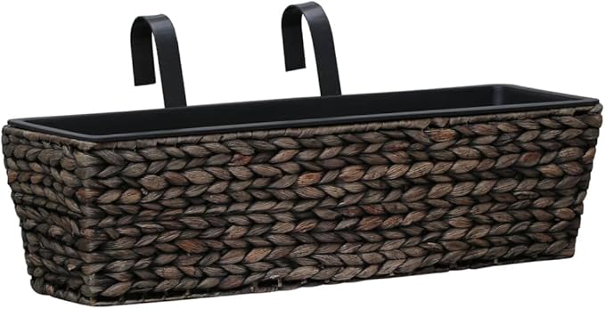 Garden Planter Set of 2 Brown Water Hyacinth Woven Steel Frame 23.6 Inch Rectangular Outdoor Planters for Deck Balcony Patio