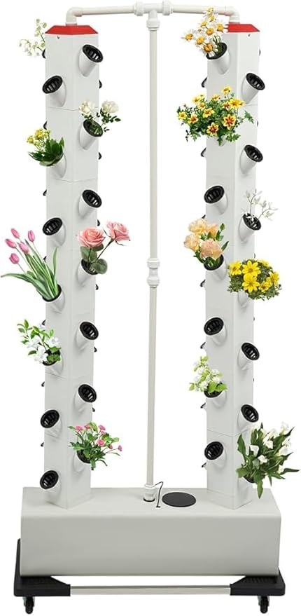 Hydroponic Growing Kit Vertical Vegetable Planter Tower Hydroponic Germination Tower with 56 Planting Holes and 4 Wheels 30L/7.93Gal Indoor Outdoor Garden Hydroponics Growing Tower System