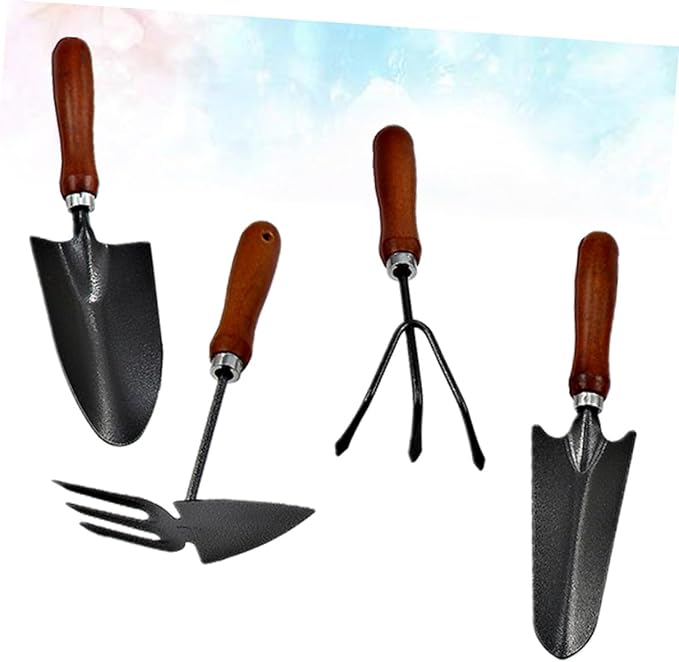 Toyvian Mini Garden Tool Set 4pcs Thickened Iron Spade and Wooden Handle Shovel for Planting Weeding and Transplanting in Garden and Patio Use