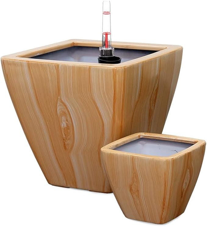 2 Pack Smart Self Watering Planter Pot for Indoor and Outdoor Light Wood Square Cone
