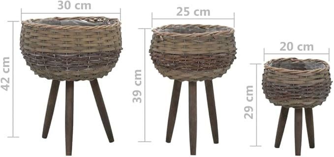 Brown Wicker Planter Set of 3 - Large Medium Small Garden Basket Galvanized Steel Fencing for Patio Raised Bed &amp Landscape - vidaXL