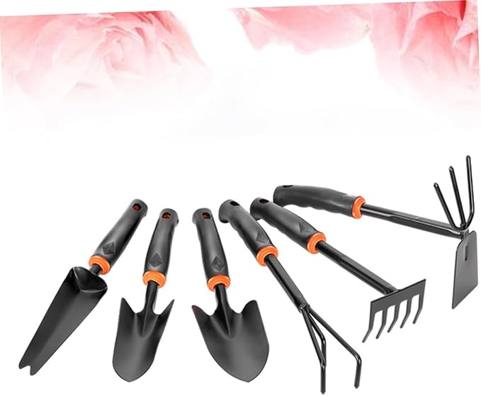 6-Piece Garden Tool Set Black Plastic Handle Iron Wide Shovel and Mini Rake for Home Gardening Balcony and Potted Plants Anti-Skid Design Multi-Functional Hoeing Rake Accessories