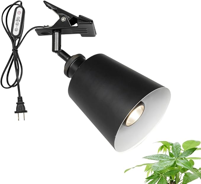 Clip-On Full Spectrum Lamp 5.9Ft Timer Switch Cord Angle Adjustable Black Base Black Shade Vintage Design Metal Clamp Light for Potted Plants Shelf Plants