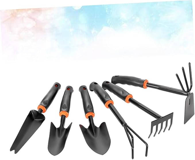 6-Piece Garden Tool Set Black Plastic Handle Iron Wide Shovel and Mini Rake for Home Gardening Balcony and Potted Plants Anti-Skid Design Multi-Functional Hoeing Rake Accessories