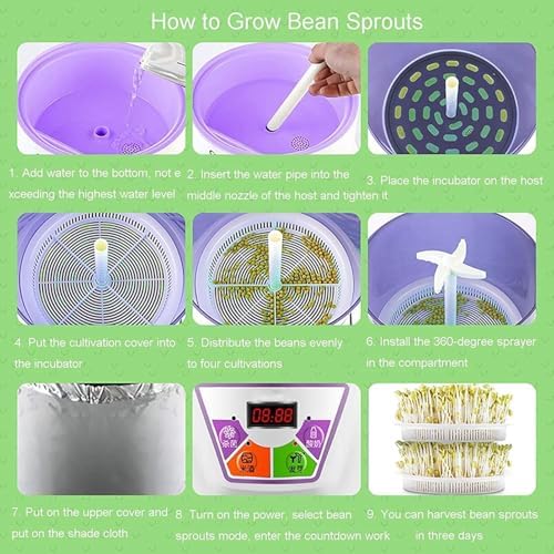 Bean Sprouts Machine with PTC Temperature Control 360° Sprinkler 3-Tier Seed Germination Kit for Healthy Bean Seed Sprouts Cereal &amp Legume Sprouting System