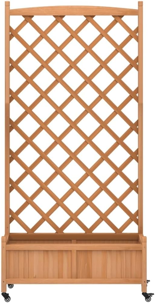 Wooden Planter with Trellis and Wheels Brown Large Raised Garden Bed for Climbing Plants Outdoor Fir Wood Planter Box Patio and Garden
