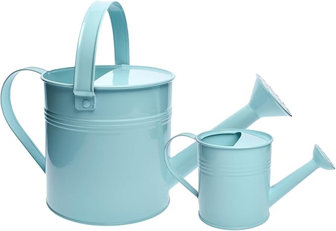 Small Metal Watering Can Set Pink 1.2L and 0.23L Garden Cans with Long Spout Indoor Outdoor Plant Care (Green Blue)