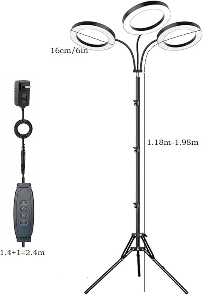 Plant Grow Light 3/9/12h Timer 6 Brightness 360 Gooseneck Tube 2/3 Heads 108 LEDs Full Spectrum Plant Light with Height Adjustable &amp Tripod Stand for Indoor (US Plug 3 Heads 28W Use 3A