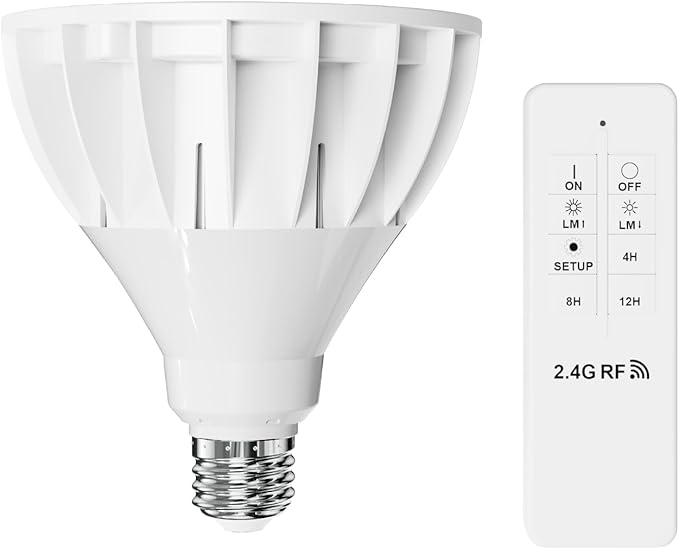 RDJ Bouns 26W Dimmable LED Grow Light Bulb with Remote &amp Timer Full Spectrum Plant Bulb for Indoor Plants Auto On/Off 4/8/12H Natural White PAR38 Grow Lamp for Succulents Seeds E26 Base