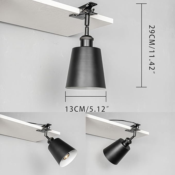 Clip-On Full Spectrum Lamp 5.9Ft Timer Switch Cord Angle Adjustable Black Base Black Shade Vintage Design Metal Clamp Light for Potted Plants Shelf Plants