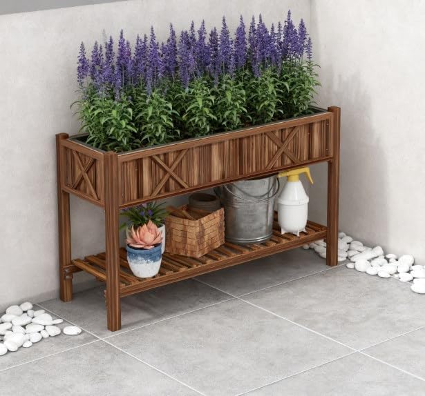 Dual-Tier Elevated Wood Planter Box with Storage Shelf – Raised Garden Bed with Drainage Holes &amp Non-Woven Liner – Weather-Resistant Painted Fir Wood for Outdoor Gardening (Brown)