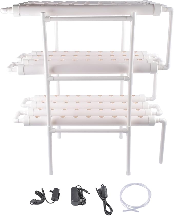 Floor Standing Hydroponic Growing System Kit with 108 Plant Sites for Indoor and Outdoor Gardening White PVC Pipes