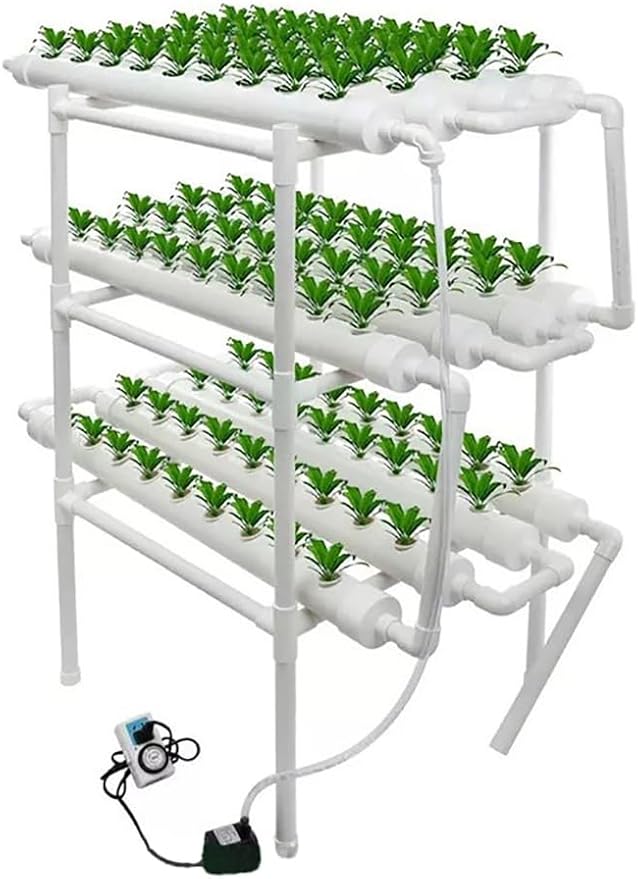 Hydroponics Growing System Kit 3 Layers 12 PVC-U Pipes Gardening System Grow Kit 108 Plant Sites with Water Pump Timer Nest Basket and Sponge for Leafy Vegetables