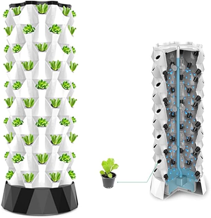 Hydroponics Tower Aquaponics Grow System Aeroponics Growing Kit for Fruits and Vegetables with Hydrating Pump Timer Adapter Seeding Bed &amp Net Pots 64holes
