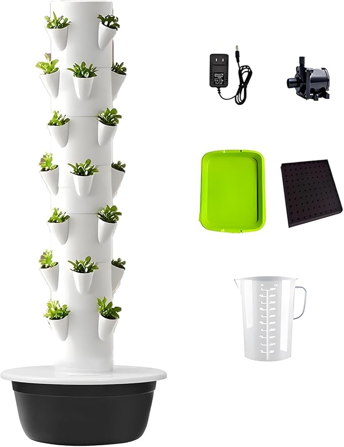 Hydroponic Tower Hydroponics Growing System Vertical Hydroponics Garden Tower Aeroponic Tower with Hydrating Pump and Movable Water Tank for Herbs Fruits and Vegetables Black-7Layer