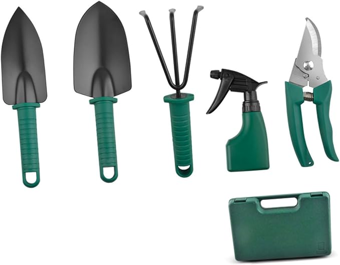 5pcs Portable Gardening Tool Set with Shovel Rake Pruning Shears in Carrying Case for Planting and Outdoor Garden Work