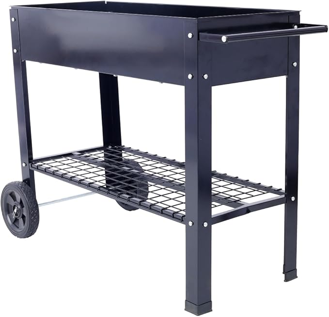 Raised Garden Beds Outdoor Elevated Metal Planter Box with Wheels and Lower Shelf Ergonomic Design for Patio Backyard Balcony Powder-Coated Finish Premium Gardening Bed Black