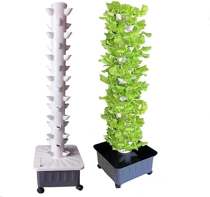 15 Floors 45 Holes Hydroponics Tower Aquaponics Grow Garden Tower Aeroponics Growing Kit for Fruits and Vegetables with Hydrating Pump
