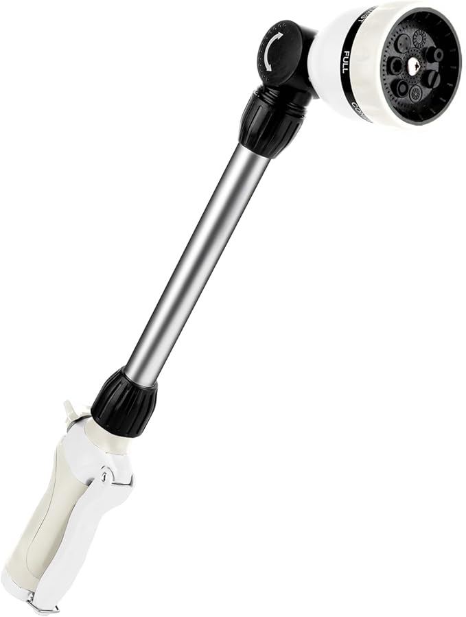RESTMO Metal Watering Wand Heavy Duty Garden Hose Wand with 180° Swivel Ratcheting Head 16'' Hose Nozzle Sprayer with 7 Spray Patterns and Flow Control for Water Hanging Baskets and Shrubs White