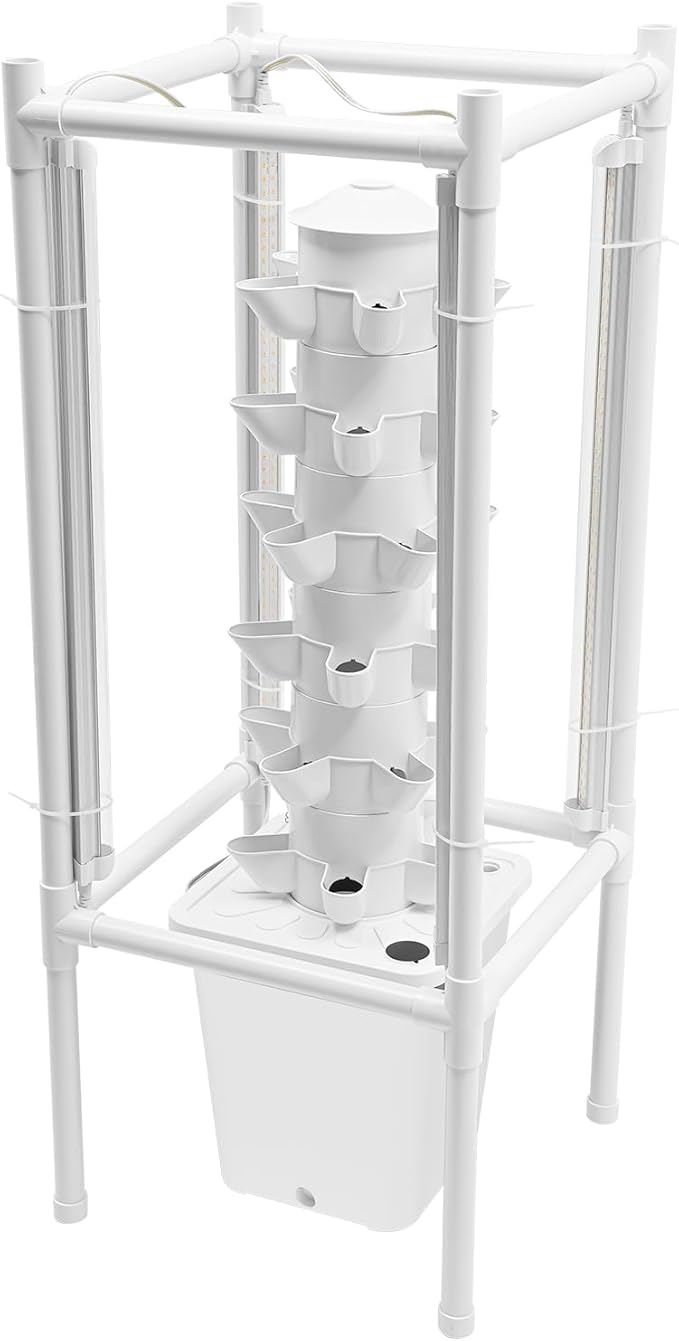 Hydroponic Growing Kit 6 Layer 30 Planting Point Hydroponic Grow Tower with 4 LED Lamps Vertical Tower Planter Germination Kit Hydroponics Growing System for Garden Office Balcony (White)