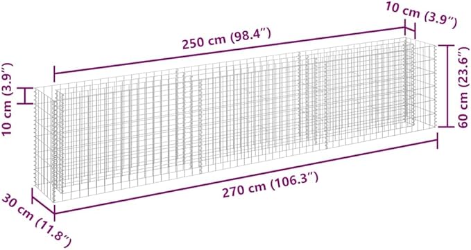 Gabion Raised Bed Silver Galvanized Steel 106.3 x 11.8 x 23.6 Inches Rectangular Outdoor Planter Box for Garden &amp Patio High Load Capacity