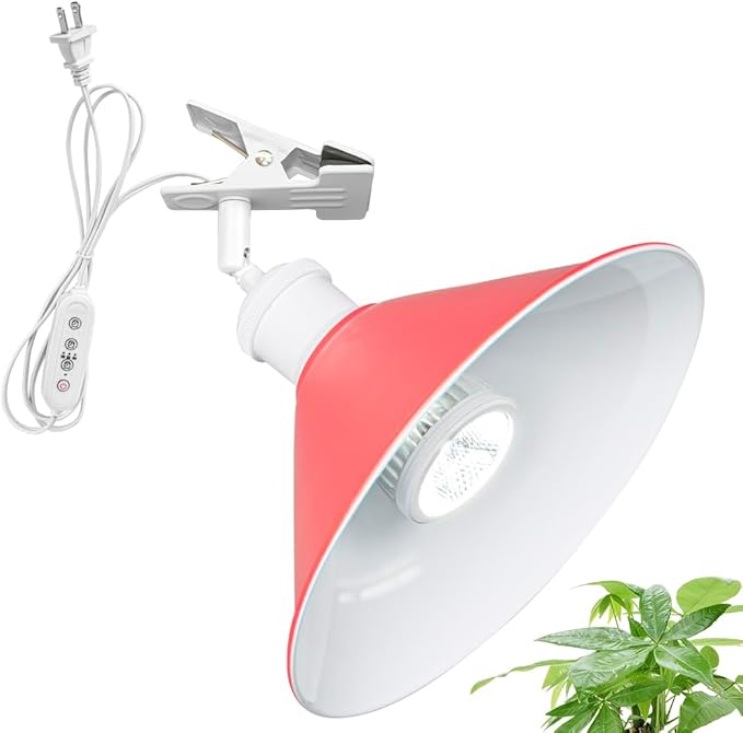 Clip Mount 5.9Ft Plug in Timing Cord Plant Light Full Spectrum White Light White Base Red Metal Shade Adjusted Angle Simple Clamp Light for Indoor Plants