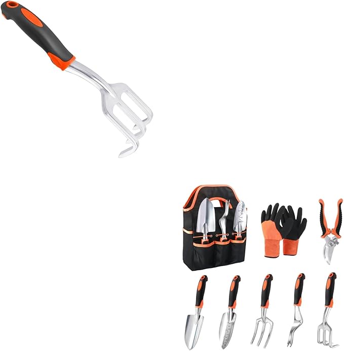 Hand Rake Garden Tool Heavy Duty Hand Cultivators for Gardening + Garden Tools Set 8 Piece Gardening Tools Set