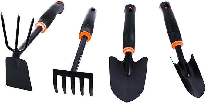 Garden Tools Set 4 Piece Gardening Hand Kit Includes Garden Shovel Hand Trowel Rake Dual-Purpose Hoe Gardening Tools Gift for Women Men