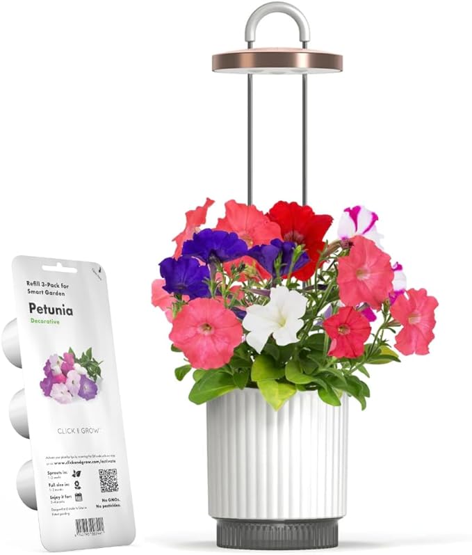 Mini Smart Planter Kit with Petunia Plant Pods by Click&ampGrow Hydrovase Indoor Garden Self-Watering Pot with Grow Light (White)