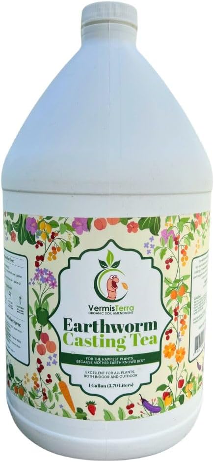 VermisTerra Earthworm Casting Tea - Organic Worm Tea with Kelp - Gallon - Soil Protector and Conditioner Concentrate - Living Enzymes Nourish Plants - All Crops: Vegetables Flowers Fruit and Trees