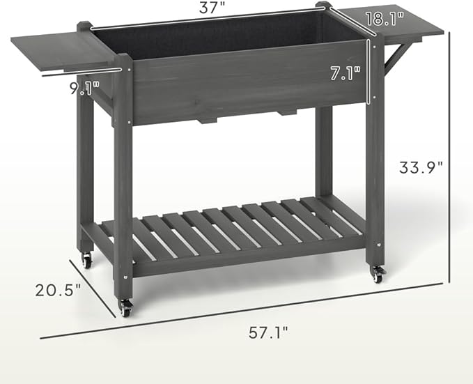 Sturdy Wooden Raised Garden Bed with Lockable Casters Built-in Side Shelves and Drainage System for Easy Urban Gardening (Grey + Wood)