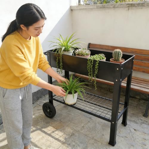 Black Mobile Metal Raised Garden Bed Cart with Legs w/Lockable Wheels Storage Shelf Elevated Tall Planter Box Elevated Raised Planter Bed for Outdoor Indoors Patio Backyard Vegetables DIY Herb Grow