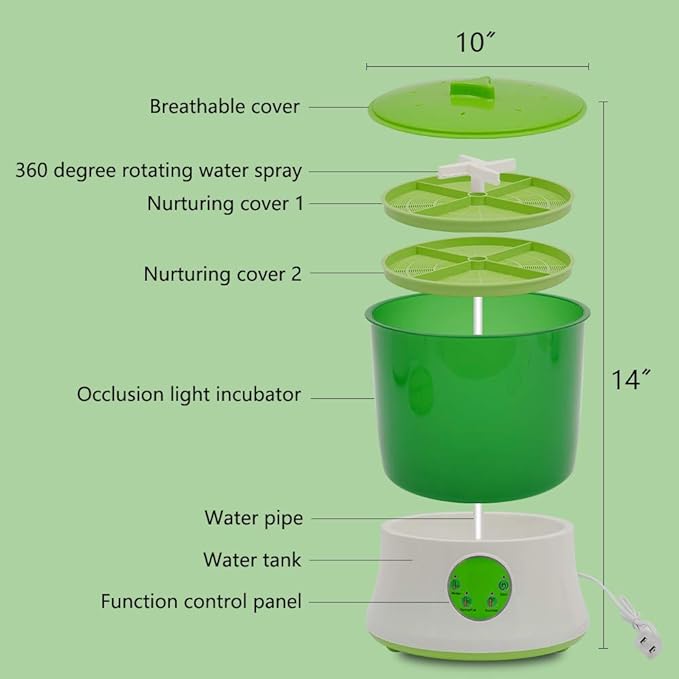 Bean Sprouts Machine Automatic Sprouts Growing Kit 2 Layers Auto Household Bean Seed Cereal Sprouts Machine 360° Sprinkler 3 Seasons Modes for Radish Wheatgrass Broccoli Sprouts 110V