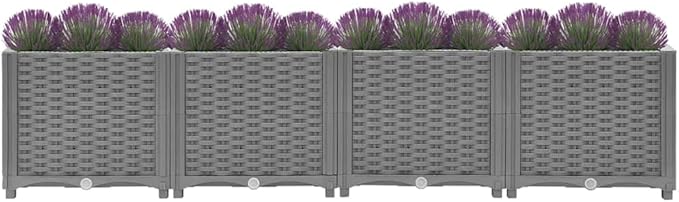 Large 63 x 63 x 14.9 in Light Grey Raised Planter Box UV-Resistant Polypropylene Garden Bed with Basketweave Texture Modern Outdoor Flower &amp Herb Container for Patio Balcony