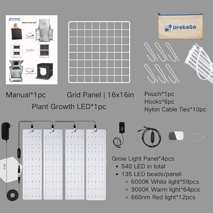 Portable Plant Grow Light Box | 4 Panels - 540 LEDs (6000K/3000K/660nm) - Black Polyester Fabric Light Reflection &amp Shading Design for Indoor Plant Growth 16x16x16in