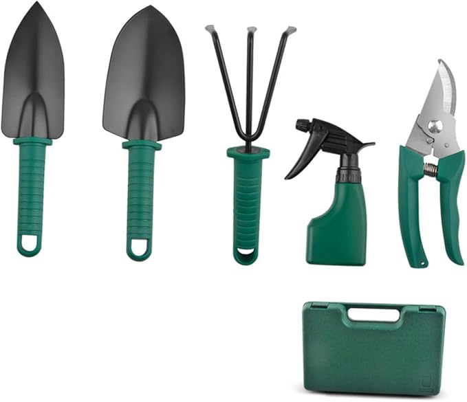 Garden Tool Set with Gardening Shovels and Rake 5pcs Portable Hand Tools for Planting and Pruning Steel Construction with Carrying Case for Outdoor Gardening and Landscaping