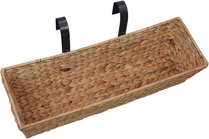 Rectangular Water Hyacinth Planter Set of 2 Brown &amp Black Woven Design Steel Frame Indoor Plant Pots with Removable Liners 23.6x23.6x7.1 inch for Living Room Decor