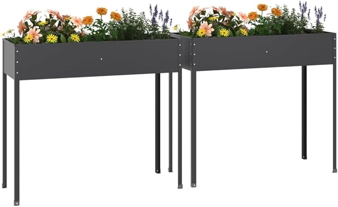 Garden Planter Set of 2 Anthracite Galvanized Steel Large Rectangular Raised Garden Bed for Outdoor Plants 39.6 x 39.6 x 35.4 inches