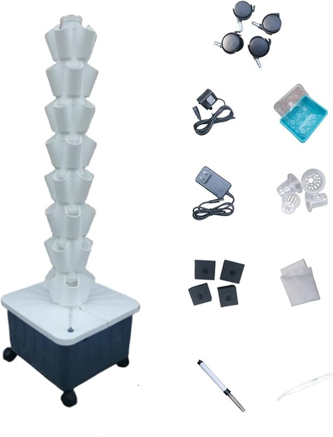 Tower Garden Growing System 4/8/10/12 Layer Hydroponic Tower with Pump and Mobile Water Tank Vertical Hydroponic Garden Tower for Gardening Lover(White132cm/52in)