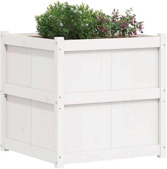 Garden Planter Box White Solid Pine Wood 27.6 inch Square Raised Bed for Outdoor Plants Durable Rustic Design for Patio Terrace