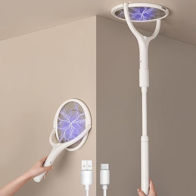2-Pack GeckoMan Rotating Head Electric Fly Swatter Racket Rechargeable Bug Zapper Racket Bug Zapper Indoor Fly Zapper Mosquito Zapper Flies Killer for Indoors with 2 Telescopic Extensions
