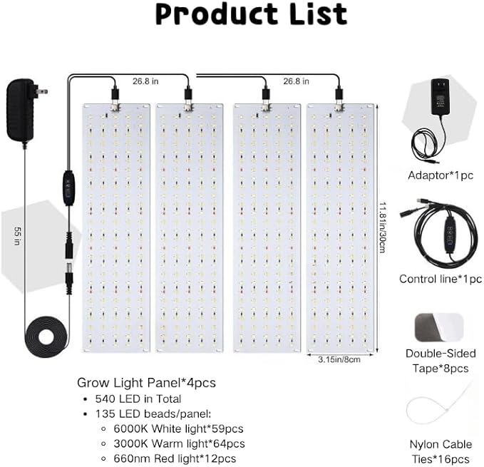 LED Grow Light Panels | Full Spectrum with 540 LEDs 3 Modes Timer &amp 10 Brightness Levels 3.11x11.81x4pc for Indoor Plants Seedlings Succulents