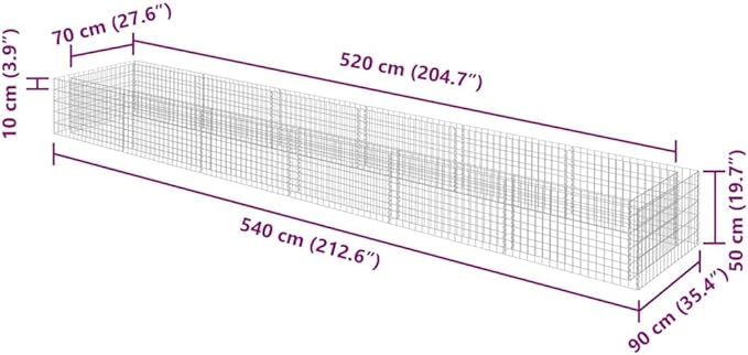 YAFF Large Galvanized Steel Gabion Raised Bed for Outdoor Gardening Rectangular Silver 212.6x35.4x19.7 Inches
