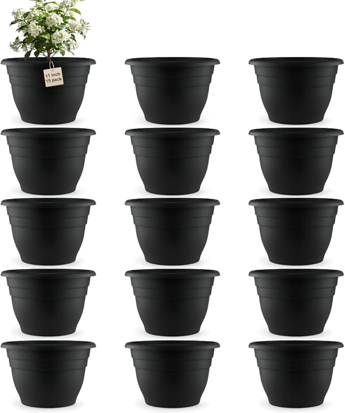 15 Pack 11 Inch Plant Pots with Drainage HolesBlack Plastic Flower Pots with Hanging HolesDurable Planters for Indoor &amp Outdoor PlantsNursery Pots