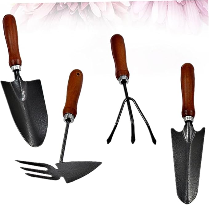 IMIKEYA 4pcs Mini Garden Tool Set with Thicken Iron Shovels and Wooden Handles for Planting Weeding and Potting – Compact Hand Tools for Gardening and Lawn Care