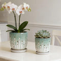 Handmade Green White Gradient Ceramic Planter Set (7.48×5.51 8.07×6.1) Indoor Outdoor Flower Pots for Orchids Succulents by Window Breathable Holes Lightweight